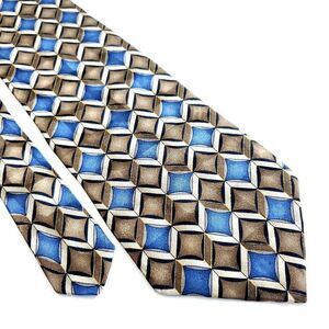 Zylos George Machado Brown Blue Geometric Metallic Print‎ Wide Silk Tie